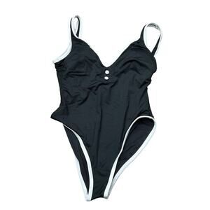 Aqua Swim Size Small Black One Piece White Trim Swimsuit V Neck‎ Buttons NWT